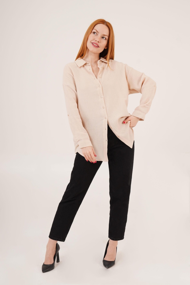 Linen Look Slippery Fold Sleeve WholesaleShirt