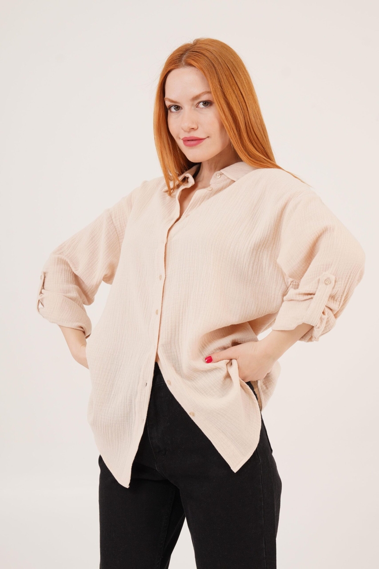 Linen Look Slippery Fold Sleeve WholesaleShirt