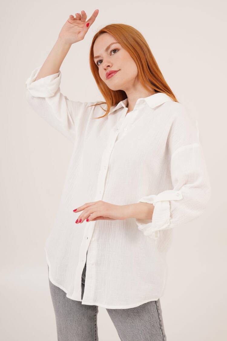Linen Look Slippery Fold Sleeve WholesaleShirt