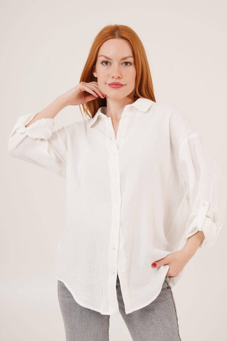 Linen Look Slippery Fold Sleeve WholesaleShirt - Lustrin - Globality Store - Women Clothes Wholesale Turkey