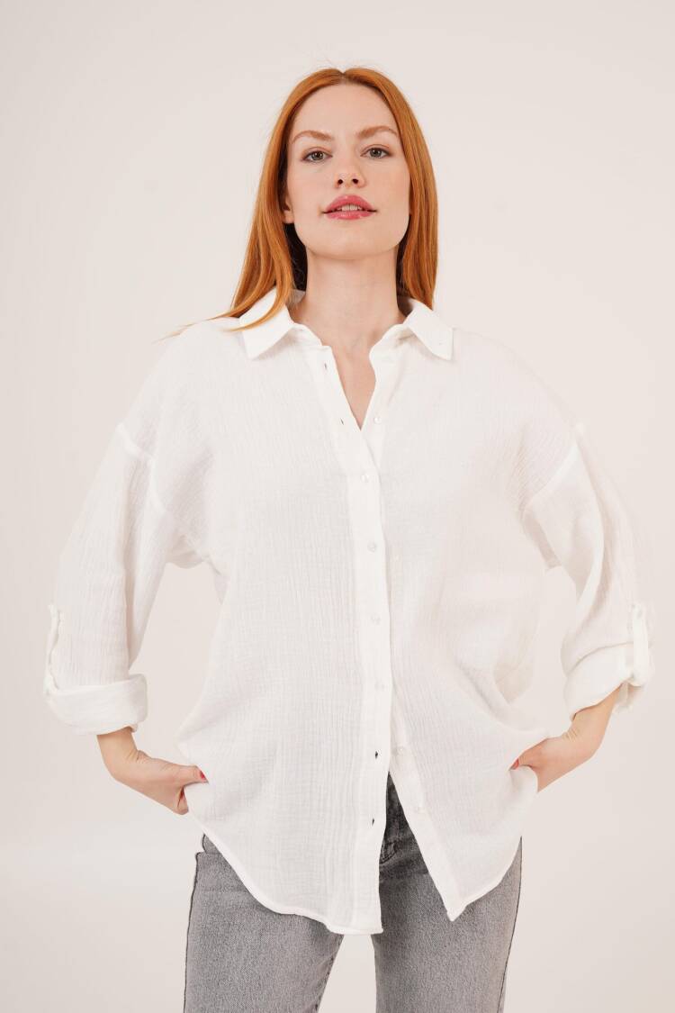 Linen Look Slippery Fold Sleeve WholesaleShirt
