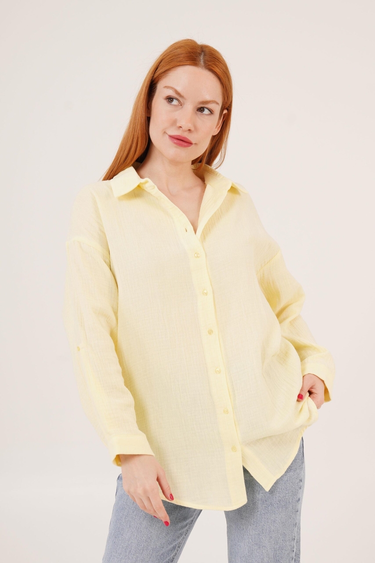 Linen Look Slippery Fold Sleeve WholesaleShirt - Lustrin - Globality Store - Women Clothes Wholesale Turkey