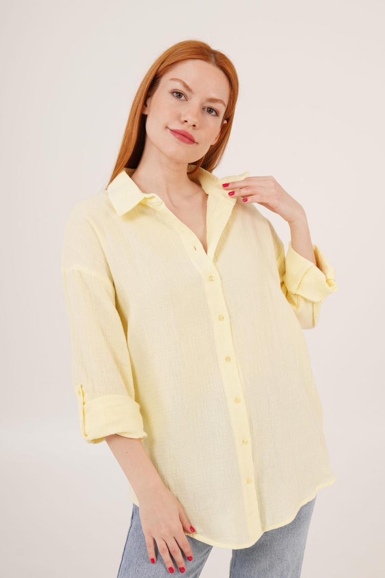 Linen Look Slippery Fold Sleeve WholesaleShirt