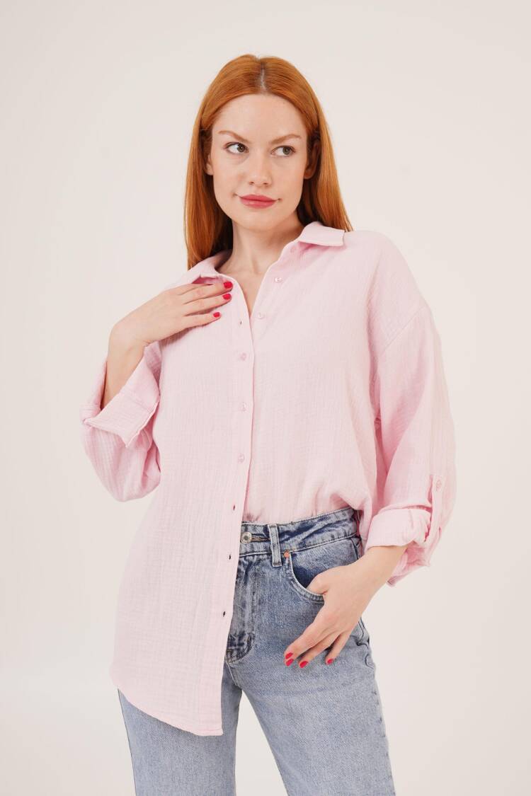 Linen Look Dull Fold Sleeve Shirt - Lustrin - Globality Store - Women Clothes Wholesale Turkey