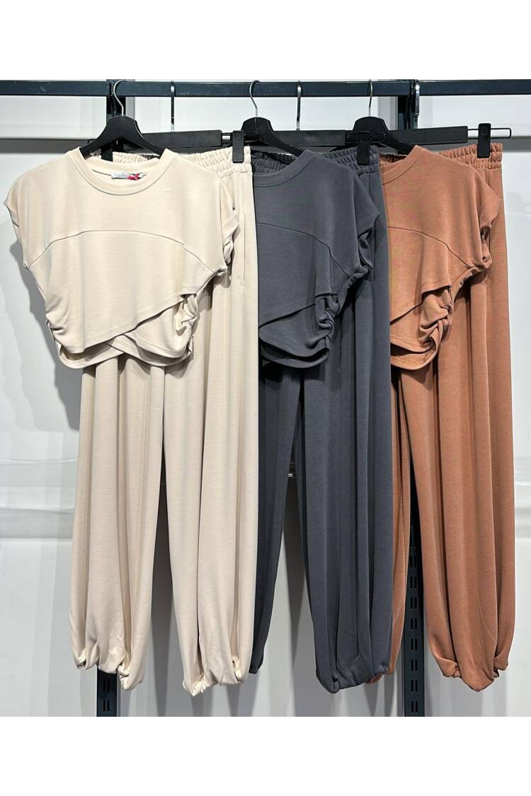 Set Asymmetric Cut Croplu - Cream Rouge - Globality Store - Women Clothes Wholesale Turkey