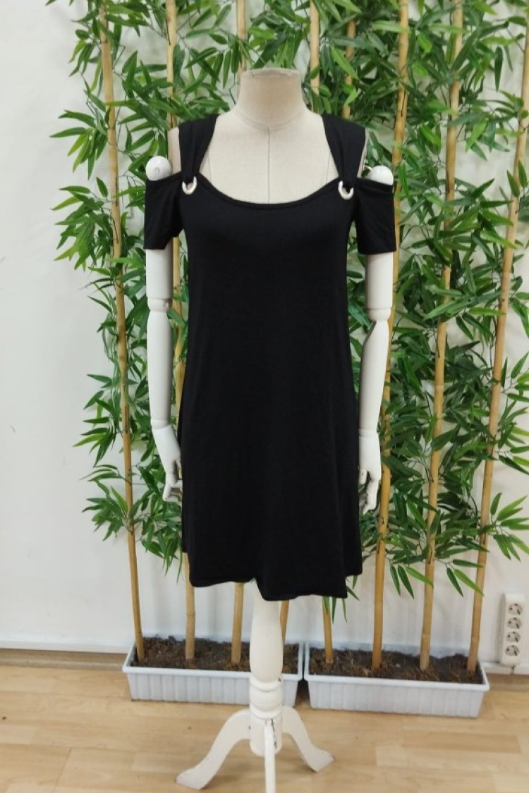 Women's Off Shoulder Off Shoulder Short Sleeve Bird's Eye Detailed Viscose Dress - Black