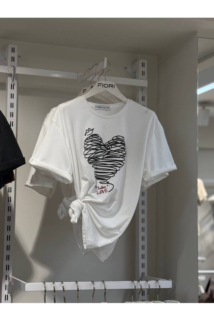 Heart Printed Tshirt - Fiori - Globality Store - Women Clothes Wholesale Turkey