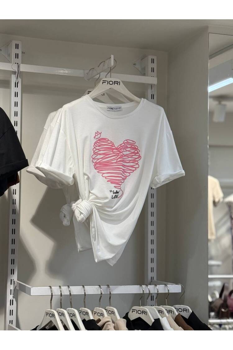 Heart Printed Tshirt - Fiori - Globality Store - Women Clothes Wholesale Turkey