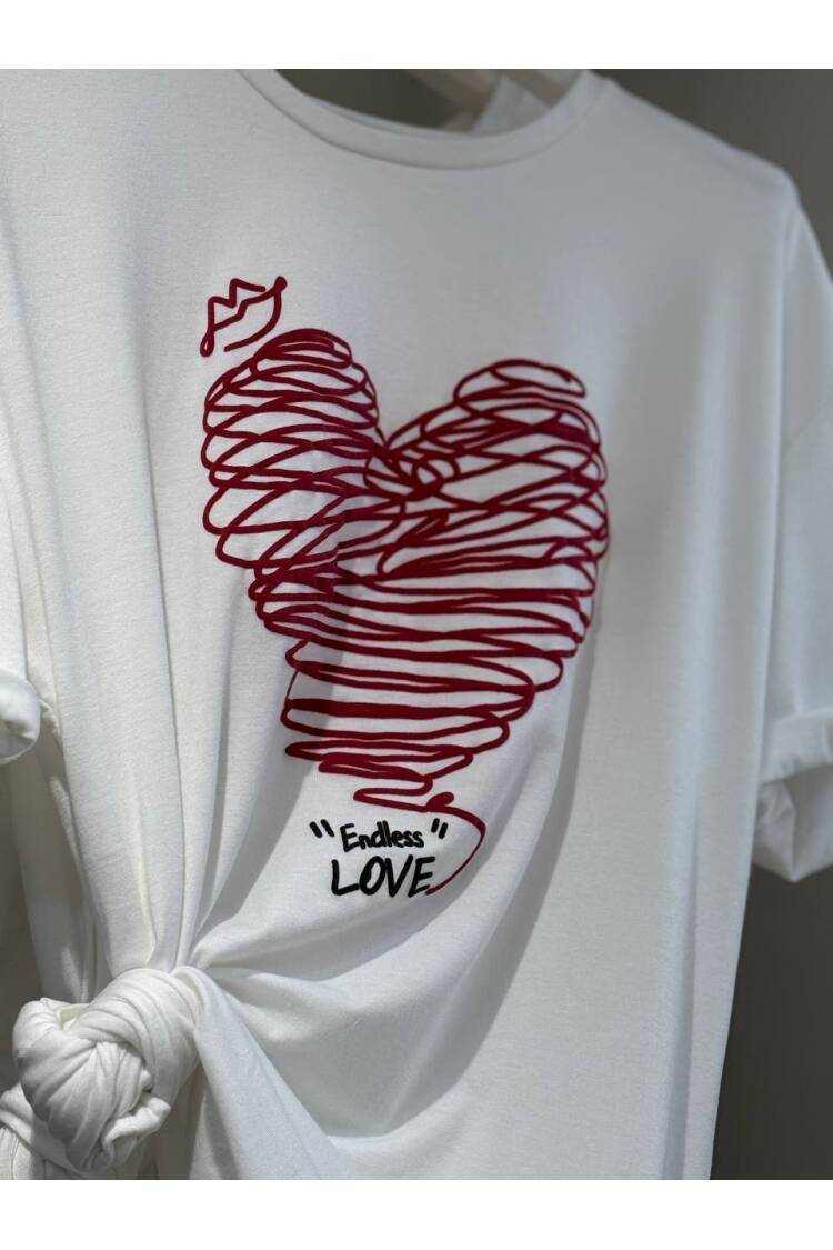Heart Printed Tshirt - Fiori - Globality Store - Women Clothes Wholesale Turkey