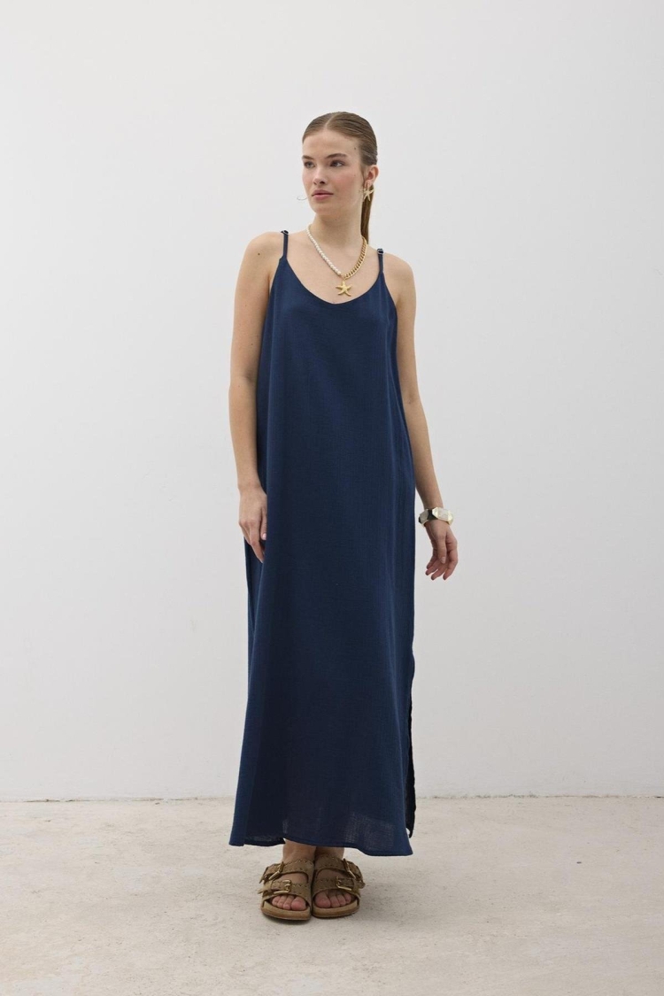 Hanger Adjustable Oversize Mueslin Dress Navy - Levure - Globality Store - Women Clothes Wholesale Turkey