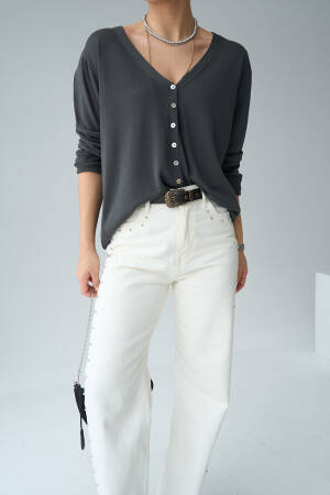 9 Button Cardigan - Smoked - Qustyle - Globality Store - Women Clothes Wholesale Turkey