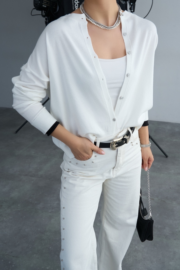 Colored Cardigan At The Sleeve - Bone-black