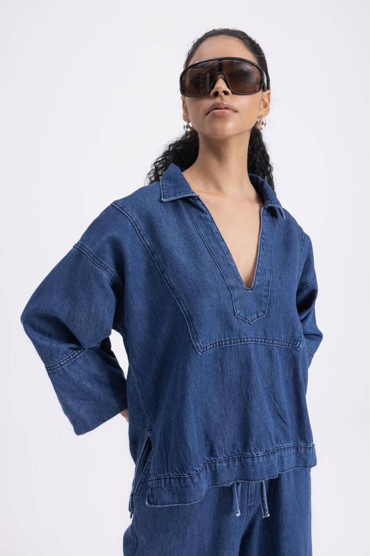 Collar Detailed Denim Blouse