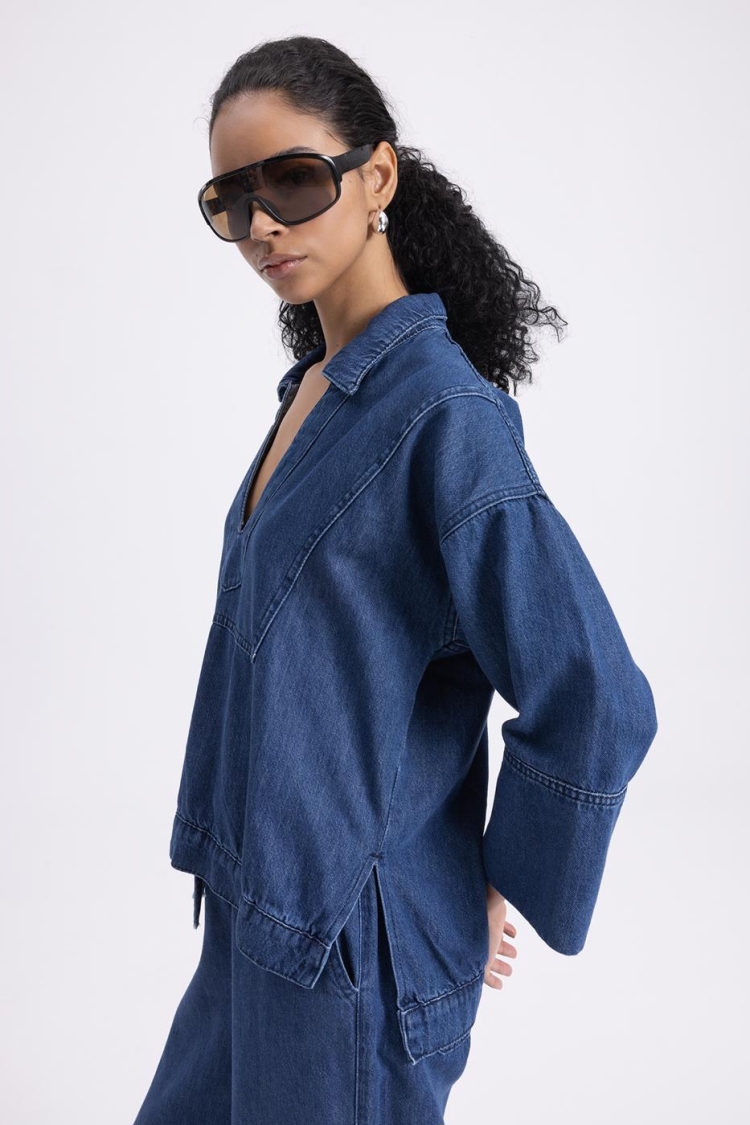 Collar Detailed Denim Blouse