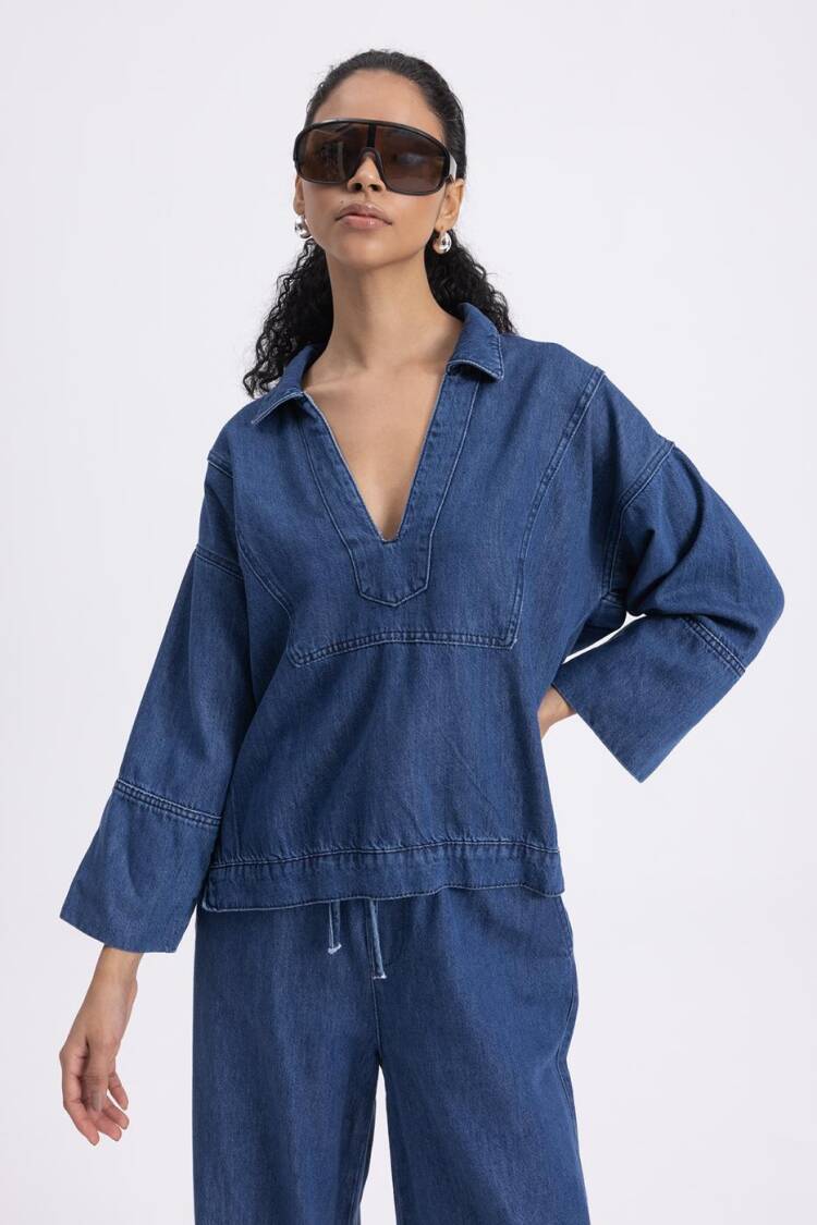 Collar Detailed Denim Blouse - BSL - Globality Store - Women Clothes Wholesale Turkey