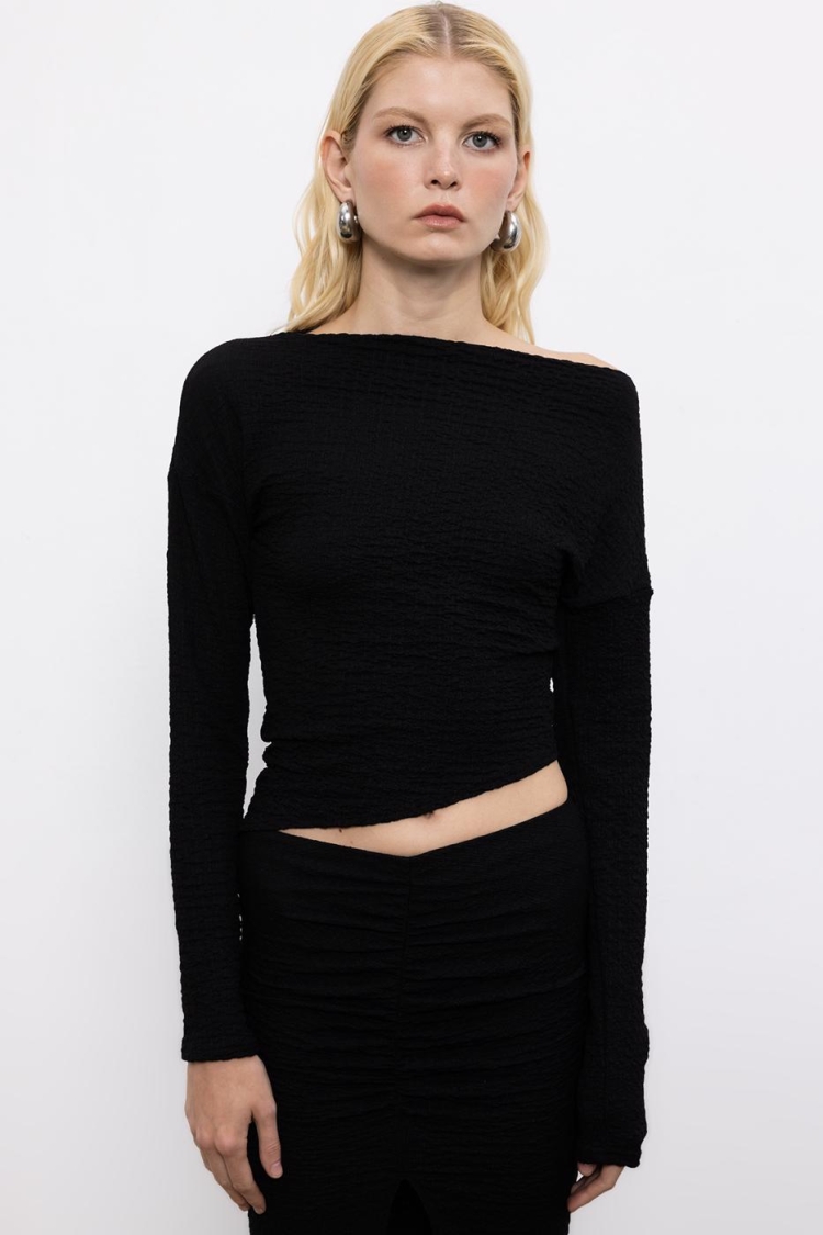 Asymmetric Cut Textured Top With Hem Detail