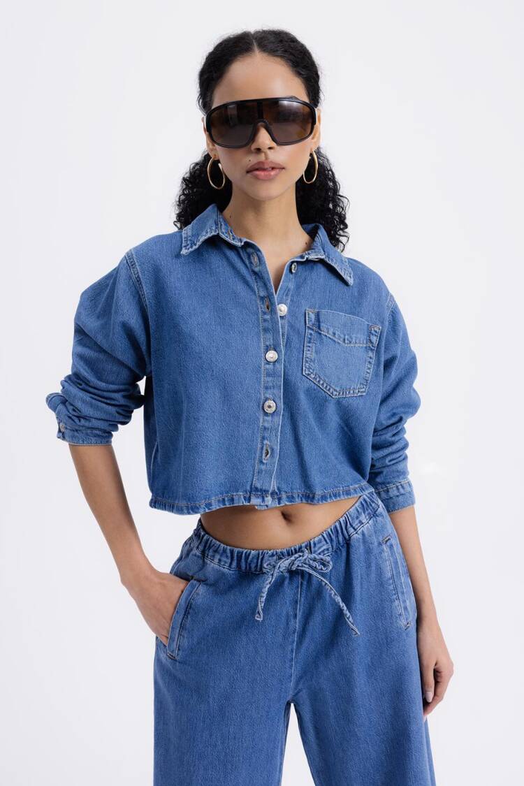 Denim Shirt With Patch Pocket - BSL - Globality Store - Women Clothes Wholesale Turkey