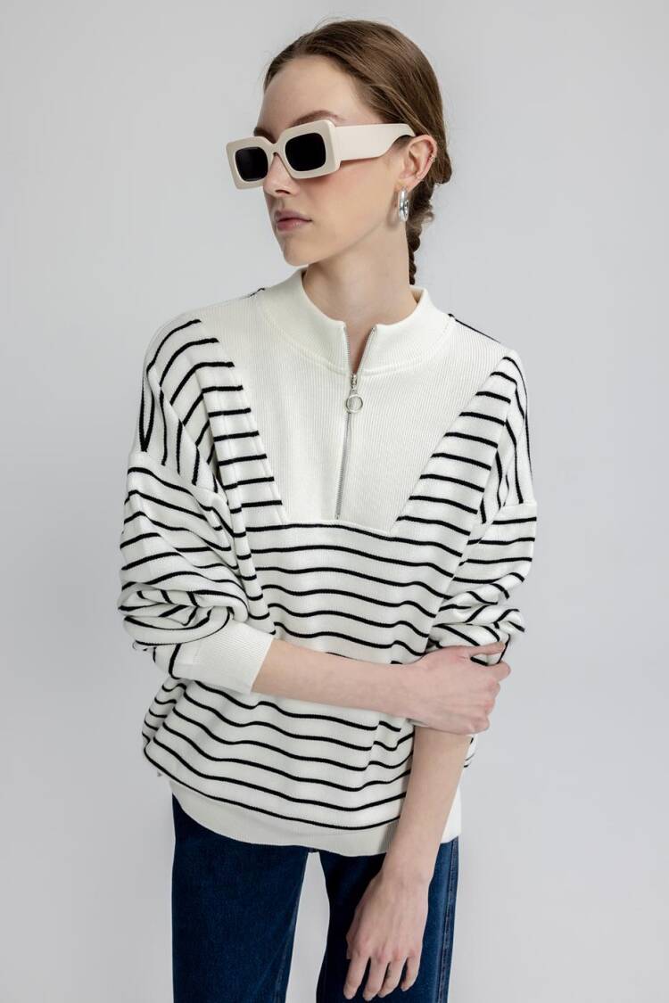 Oversize Half Zipper Striped Knitwear Sweater - BSL - Globality Store - Women Clothes Wholesale Turkey