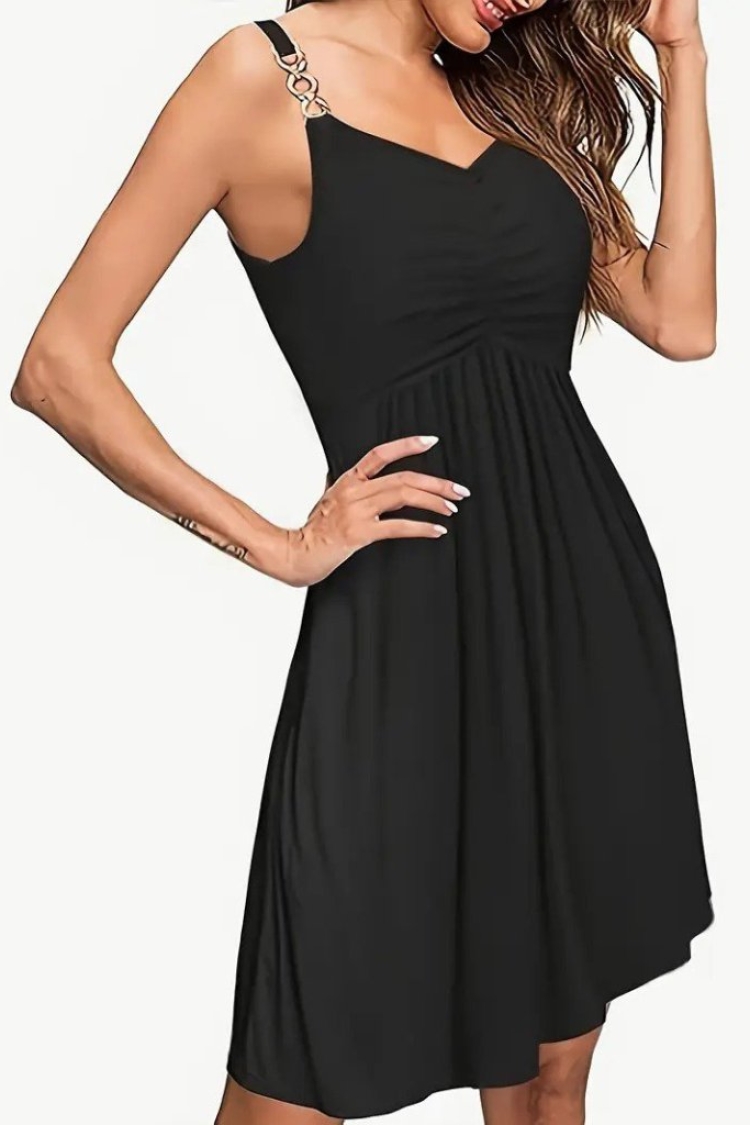 Women's V-Neck Short Viscose Dress With Rope Strap - Black