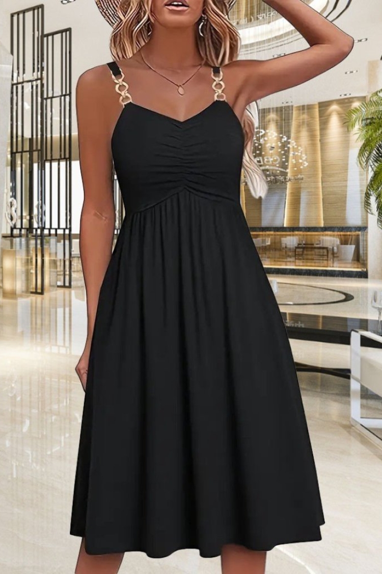 Women's V-Neck Short Viscose Dress With Rope Strap - Black