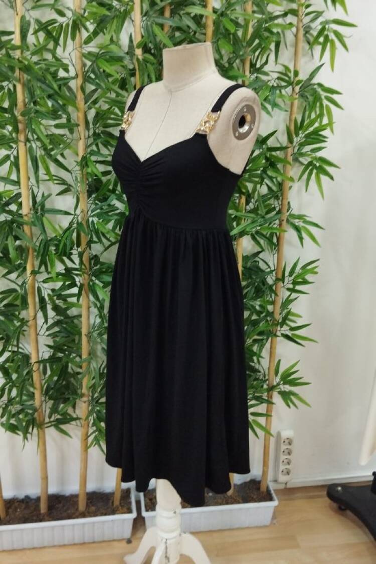 Women's V-Neck Short Viscose Dress With Rope Strap - Black