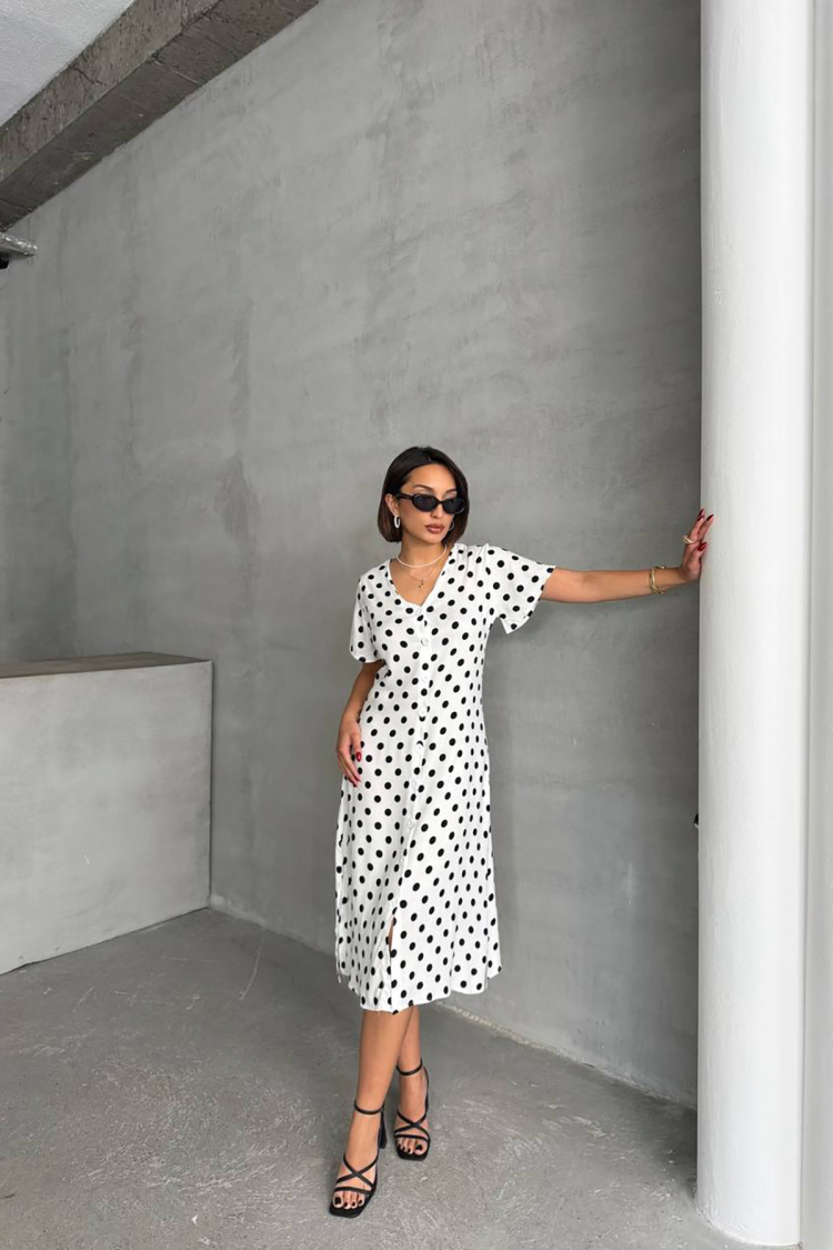 Viscose Polka Dot Pattern Shirt Dress - Mode Roy - Globality Store - Women Clothes Wholesale Turkey