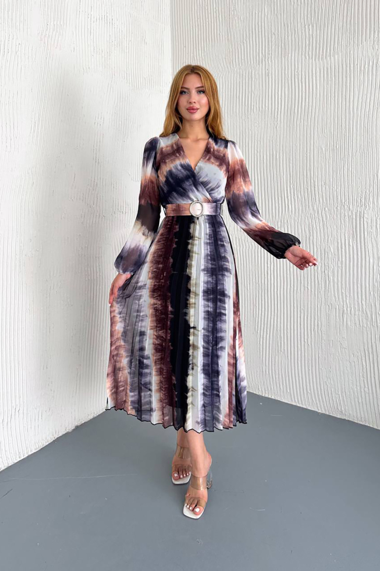 Pleated Midi Chiffon Dress With Belt - Mode Roy - Globality Store - Women Clothes Wholesale Turkey