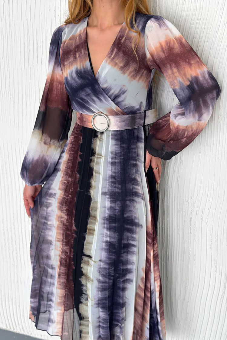 Pleated Midi Chiffon Dress With Belt