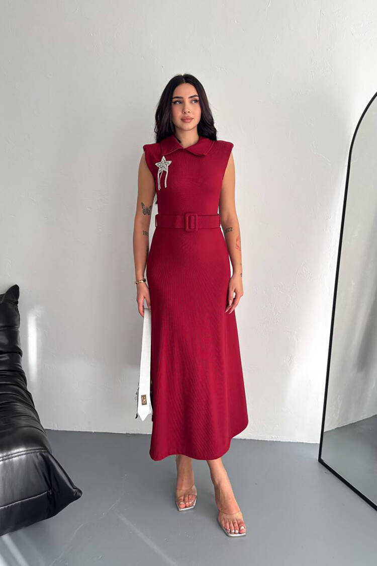 Brooch Detailed Belted Midi Dress - Burgundy