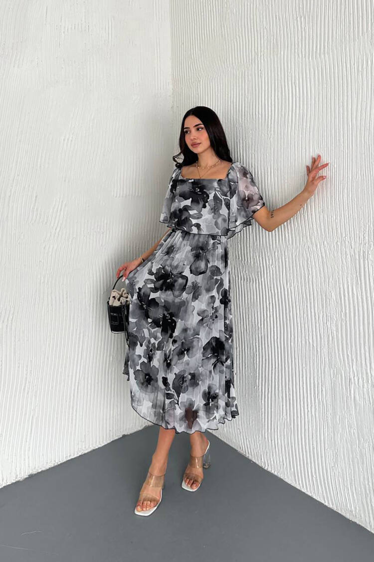 Patterned Summer Midi Length Chiffon Dress - Mode Roy - Globality Store - Women Clothes Wholesale Turkey