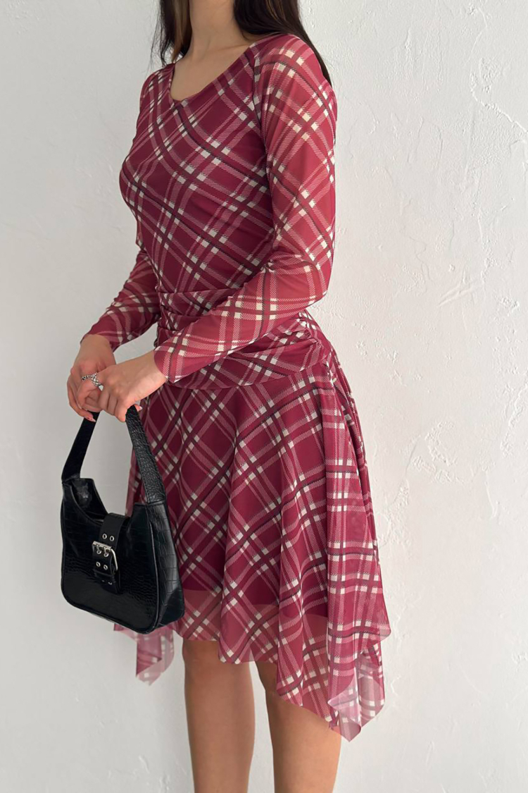 Mini Size Patterned Asymmetric Tulle Dress - Burgundy