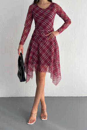 Mini Size Patterned Asymmetric Tulle Dress - Burgundy - Mode Roy - Globality Store - Women Clothes Wholesale Turkey
