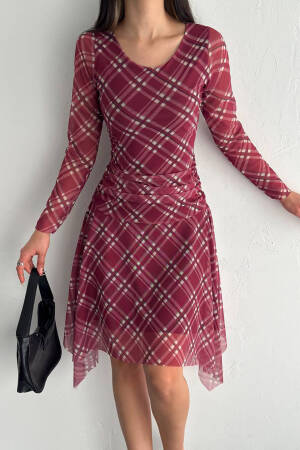 Mini Size Patterned Asymmetric Tulle Dress - Burgundy - Mode Roy - Globality Store - Women Clothes Wholesale Turkey
