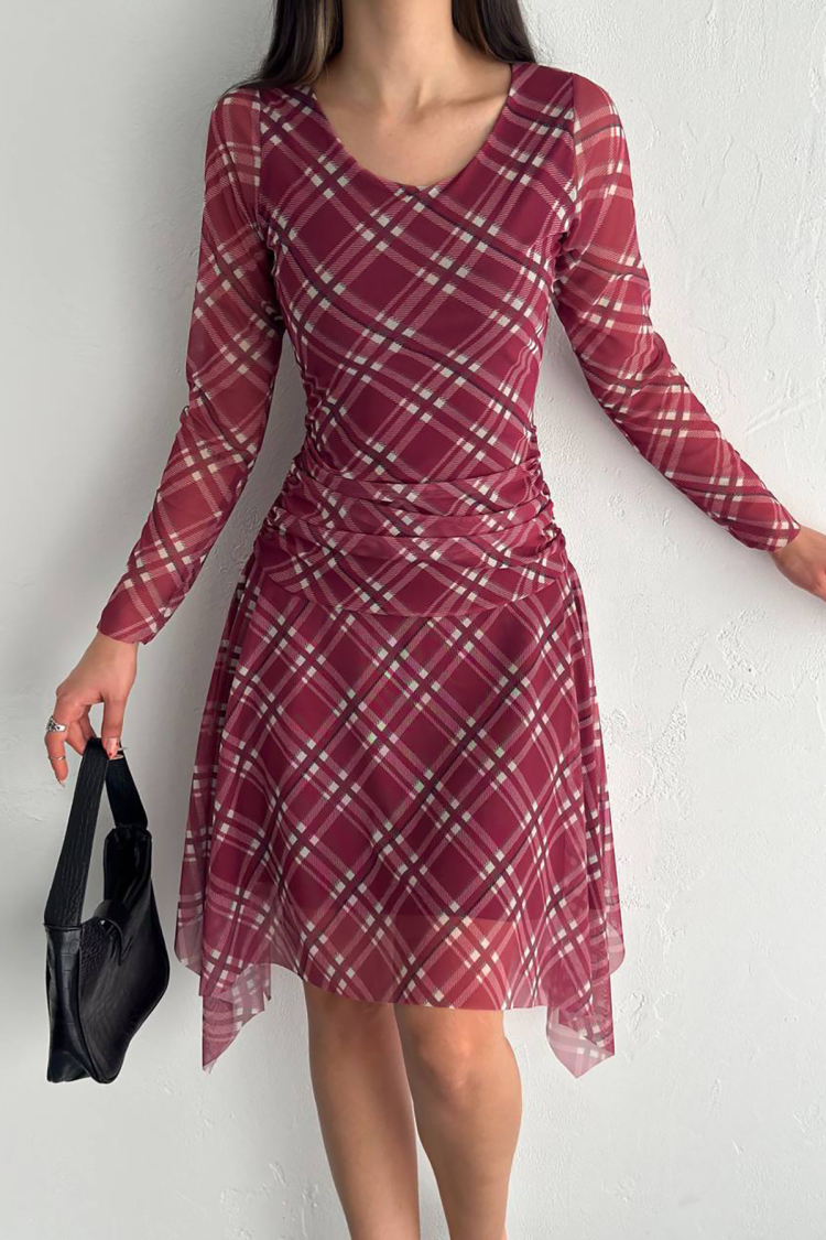 Mini Size Patterned Asymmetric Tulle Dress - Burgundy - Mode Roy - Globality Store - Women Clothes Wholesale Turkey