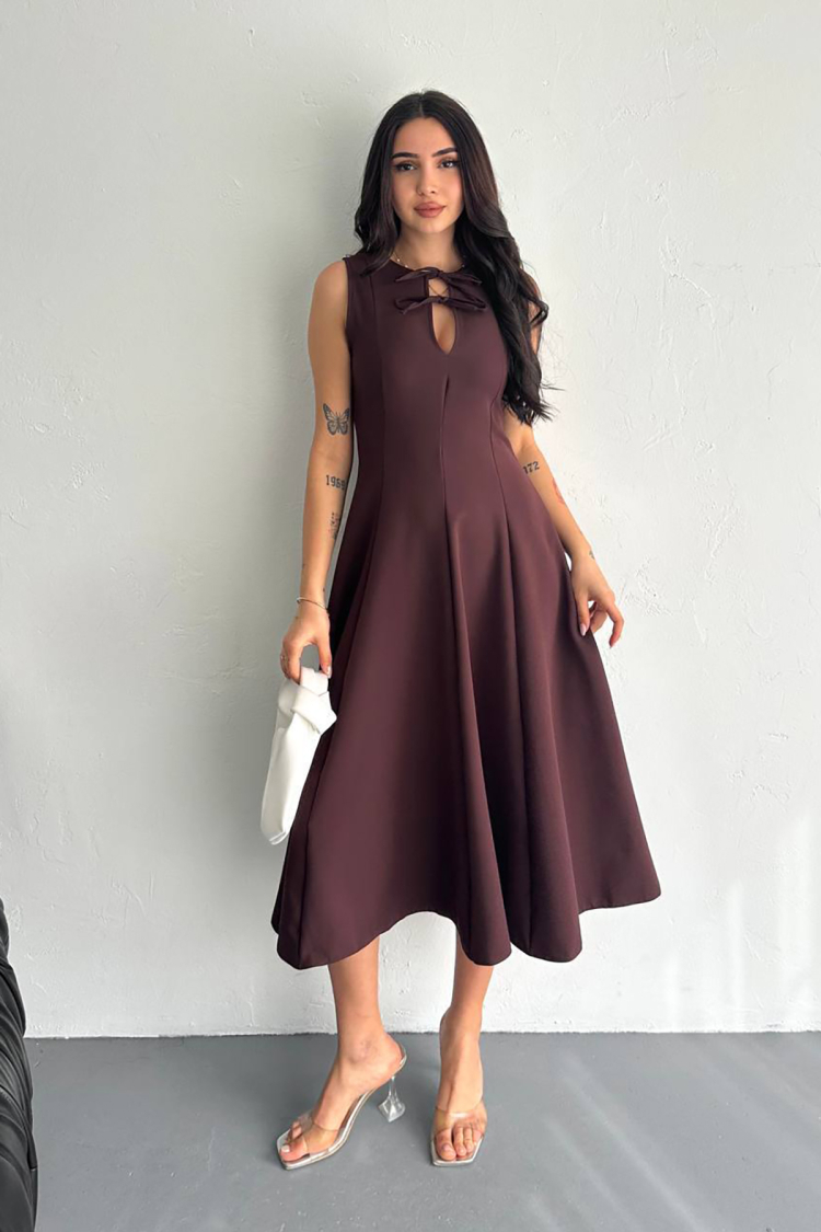Zero Sleeve Bow Detailed Lycra Dress - Mode Roy - Globality Store - Women Clothes Wholesale Turkey