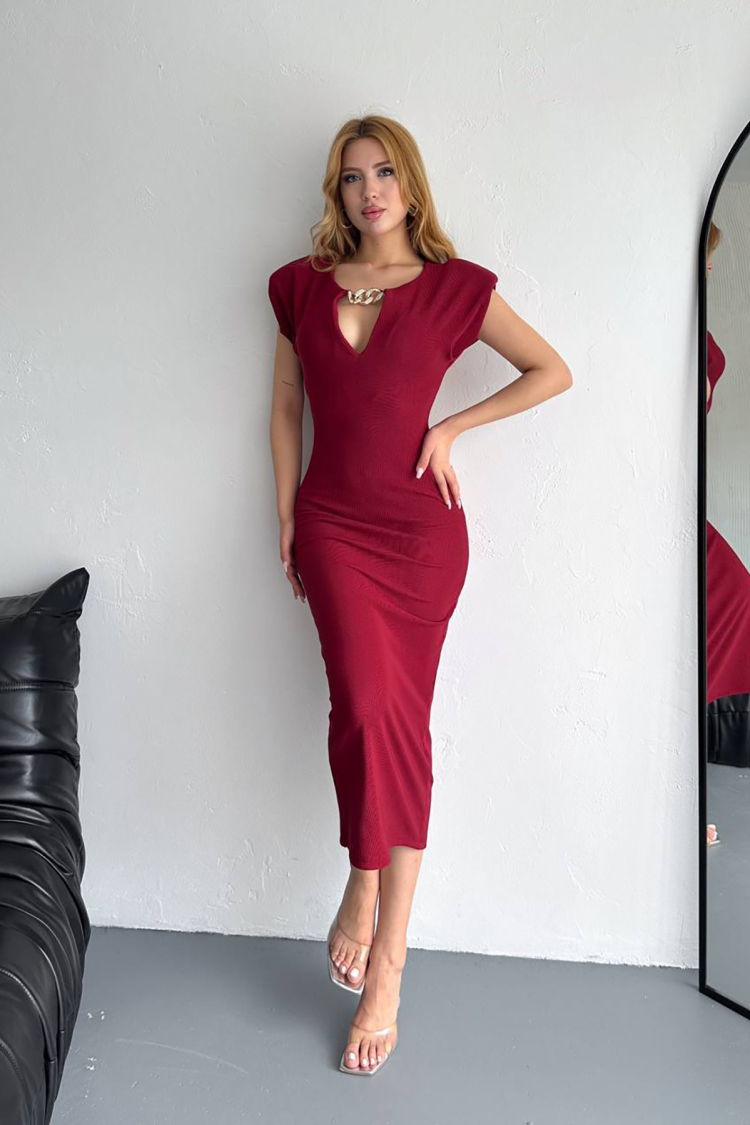 Wadded Stone Detailed Long Dress - Burgundy