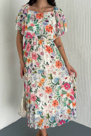 Summer Floral Print Chiffon Dress With Lining - Multicolor - Mode Roy - Globality Store - Women Clothes Wholesale Turkey