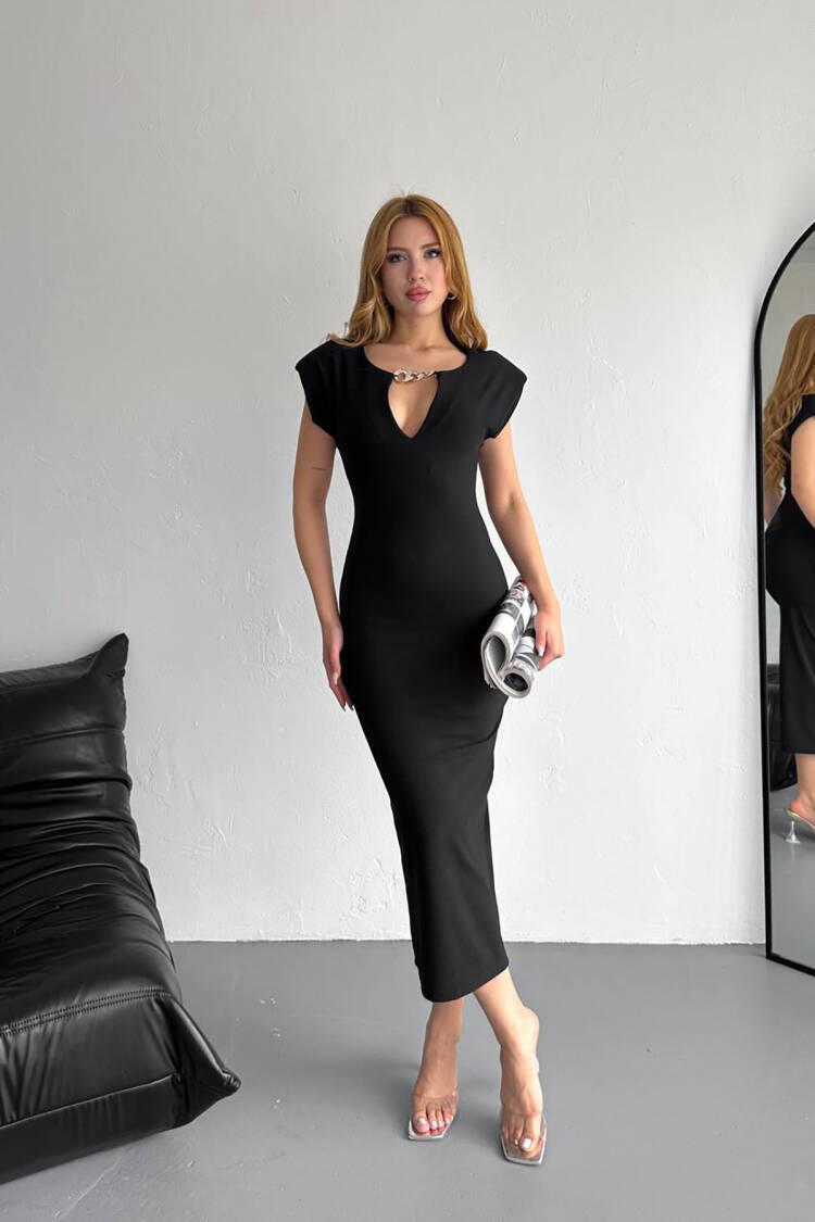 Wadded Stone Detailed Long Dress - Mode Roy - Globality Store - Women Clothes Wholesale Turkey