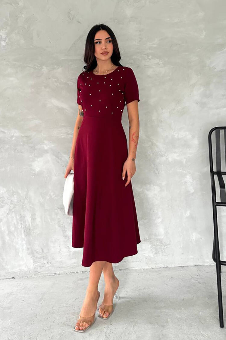 Pearl Detailed Midi Dress - Burgundy