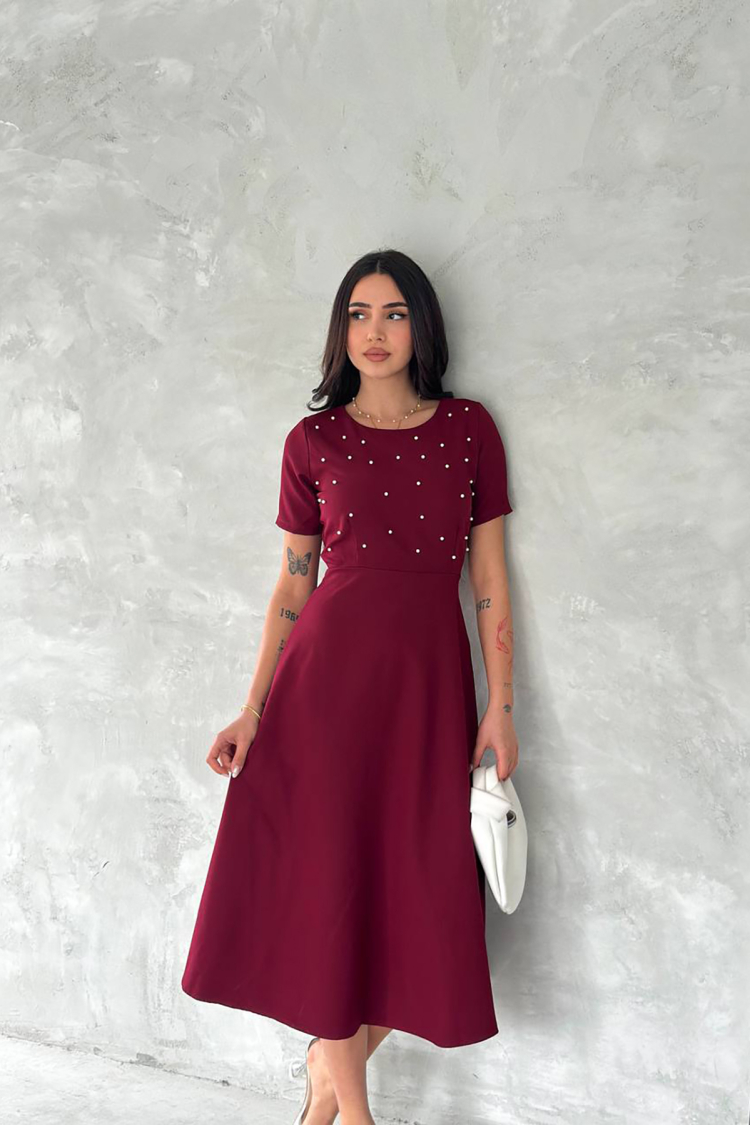 Pearl Detailed Midi Dress - Burgundy - Mode Roy - Globality Store - Women Clothes Wholesale Turkey