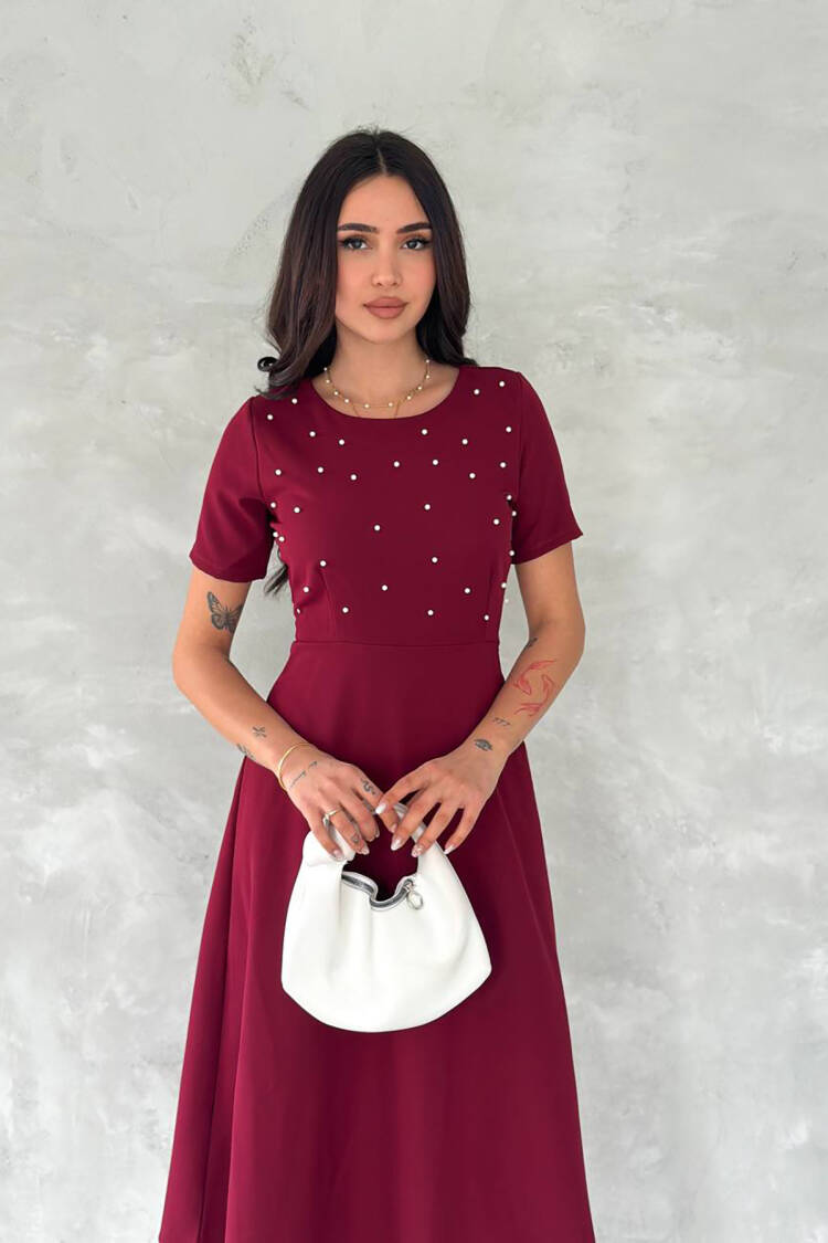 Pearl Detailed Midi Dress - Burgundy