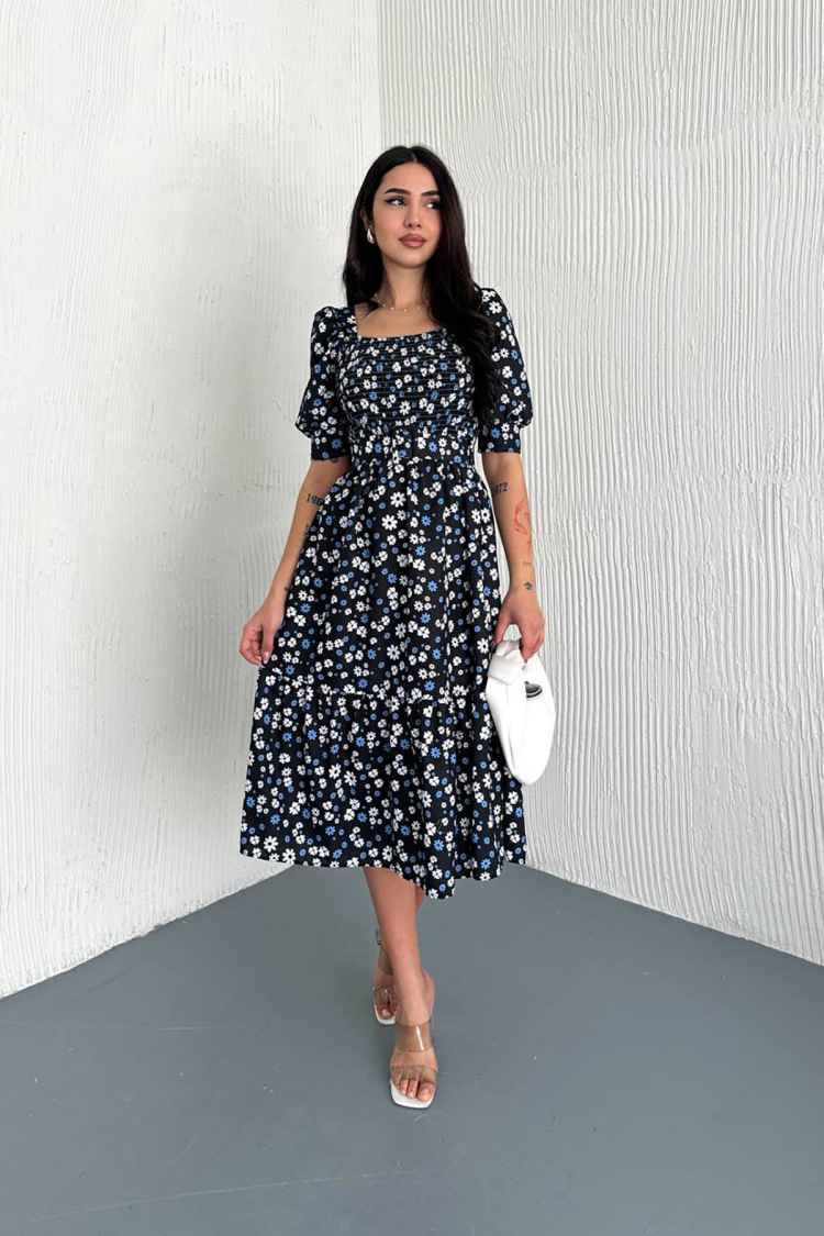 Floral Print Summer Dress With Belt - Mode Roy - Globality Store - Women Clothes Wholesale Turkey