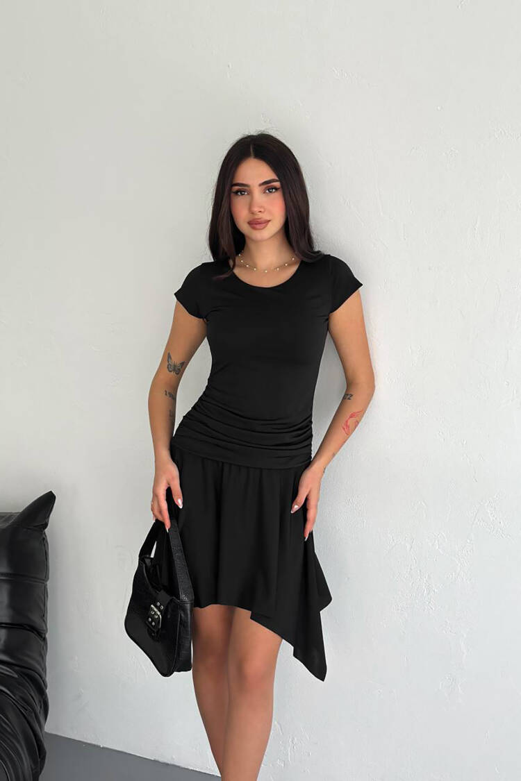 Lycra Mini Size Asymmetric Dress - Mode Roy - Globality Store - Women Clothes Wholesale Turkey