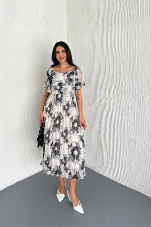 Carmen Collar Midi Length Chiffon Dress - Mode Roy - Globality Store - Women Clothes Wholesale Turkey