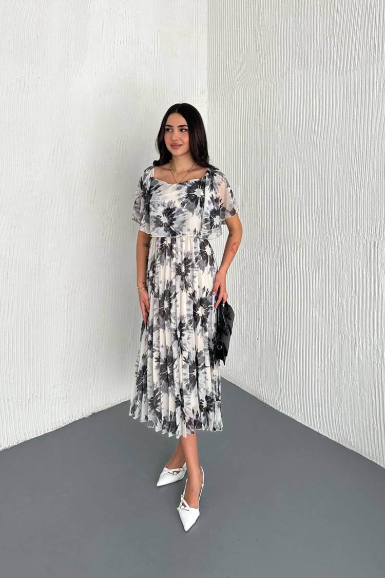 Carmen Collar Midi Length Chiffon Dress - Mode Roy - Globality Store - Women Clothes Wholesale Turkey