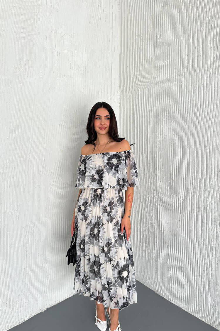 Carmen Collar Midi Length Chiffon Dress