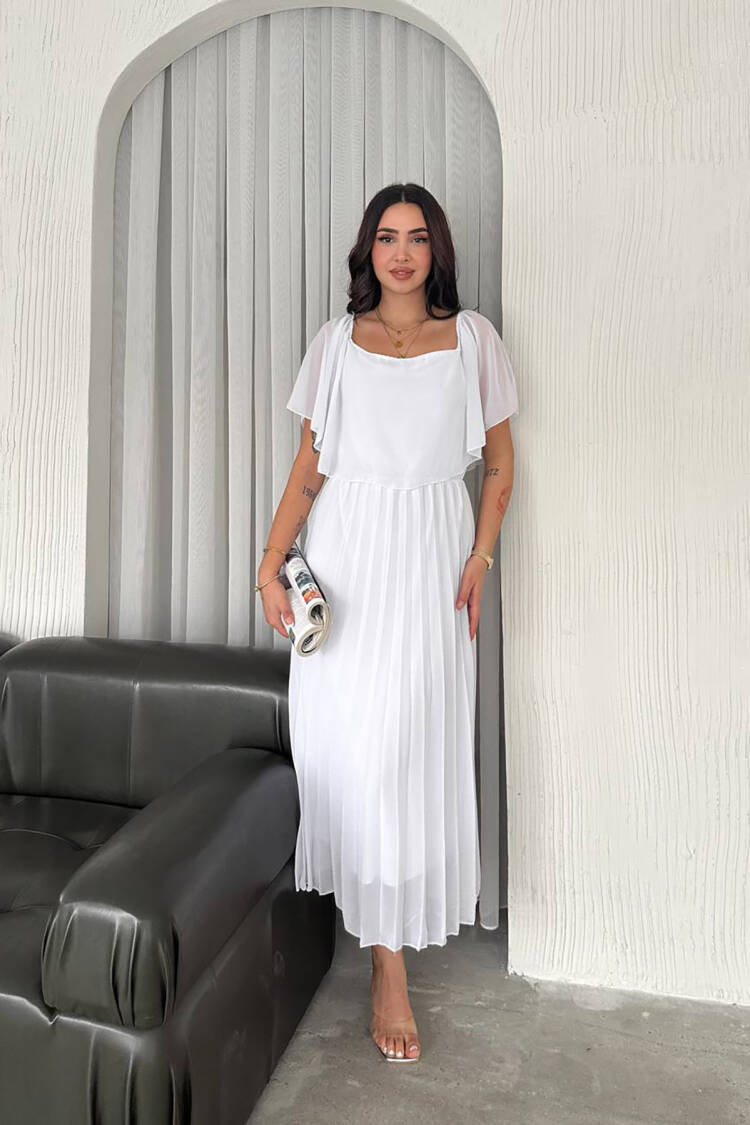 Pleated Midi Chiffon Dress - White