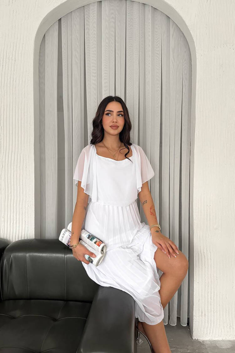 Pleated Midi Chiffon Dress - White