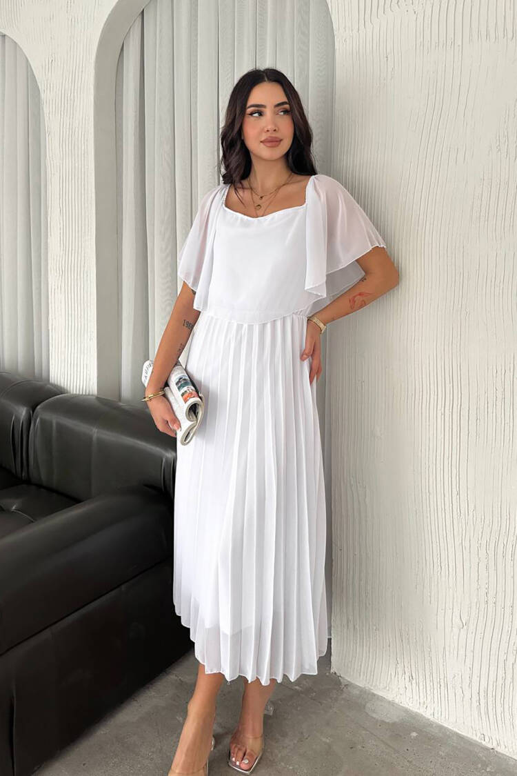 Pleated Midi Chiffon Dress - White - Mode Roy - Globality Store - Women Clothes Wholesale Turkey