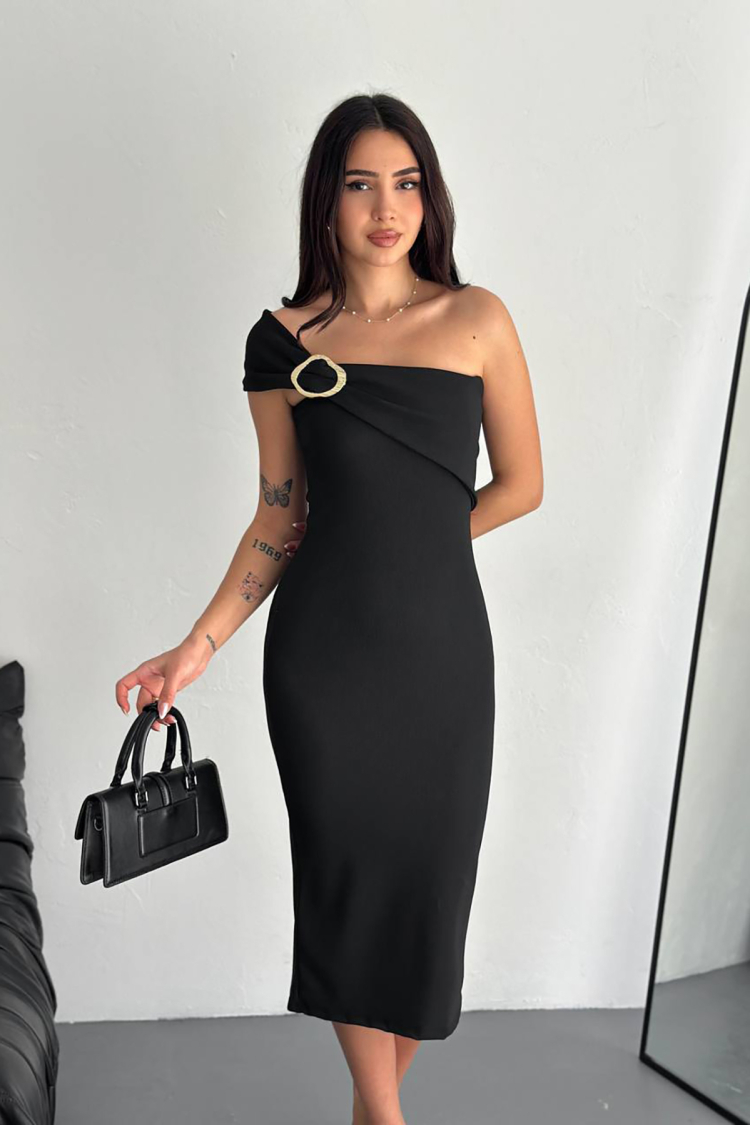 Lycra Shoulder Detailed Midi Dress - Mode Roy - Globality Store - Women Clothes Wholesale Turkey